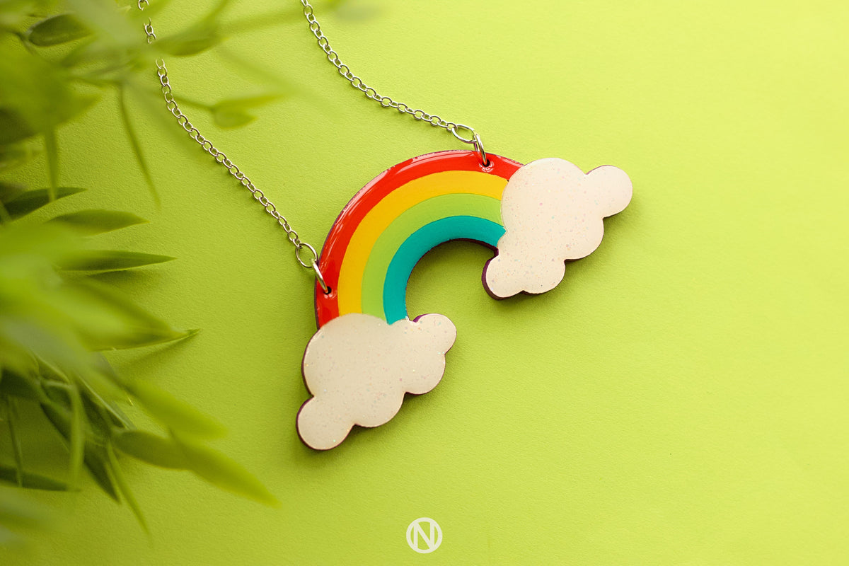 Rainbow and Cloud Acrylic Charm Necklace Whimsical and -  in